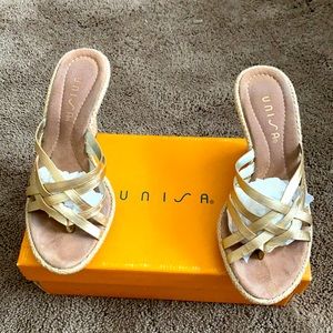 Gold and Beige Wedges size 7.5 only worn once! Really fun vacation shoe!